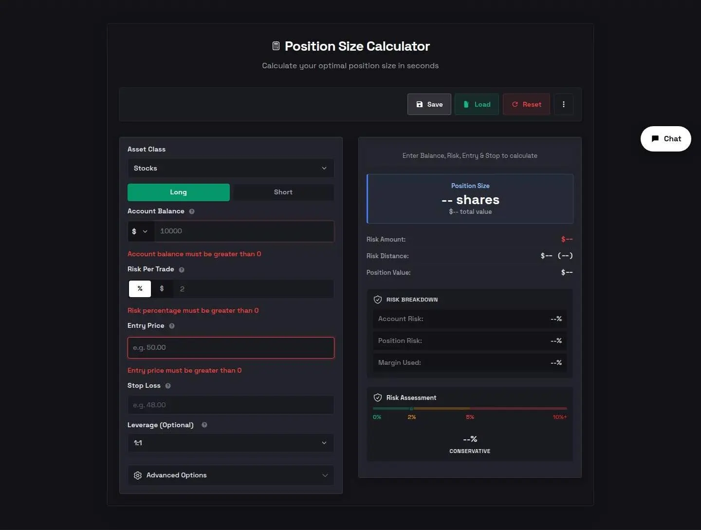 position size calcul, as the page shows it