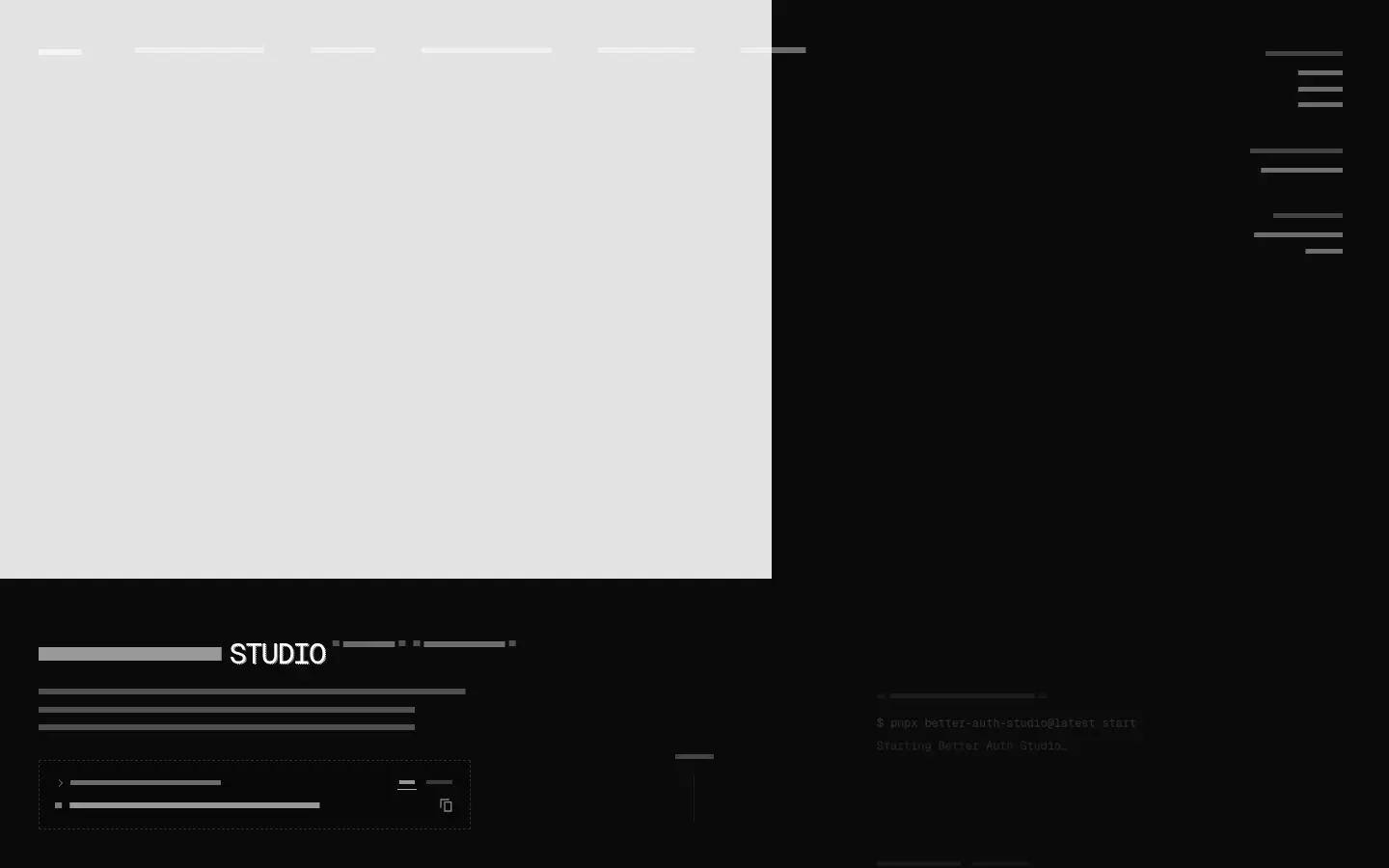 Desktop layout of better-auth.studio, content removed