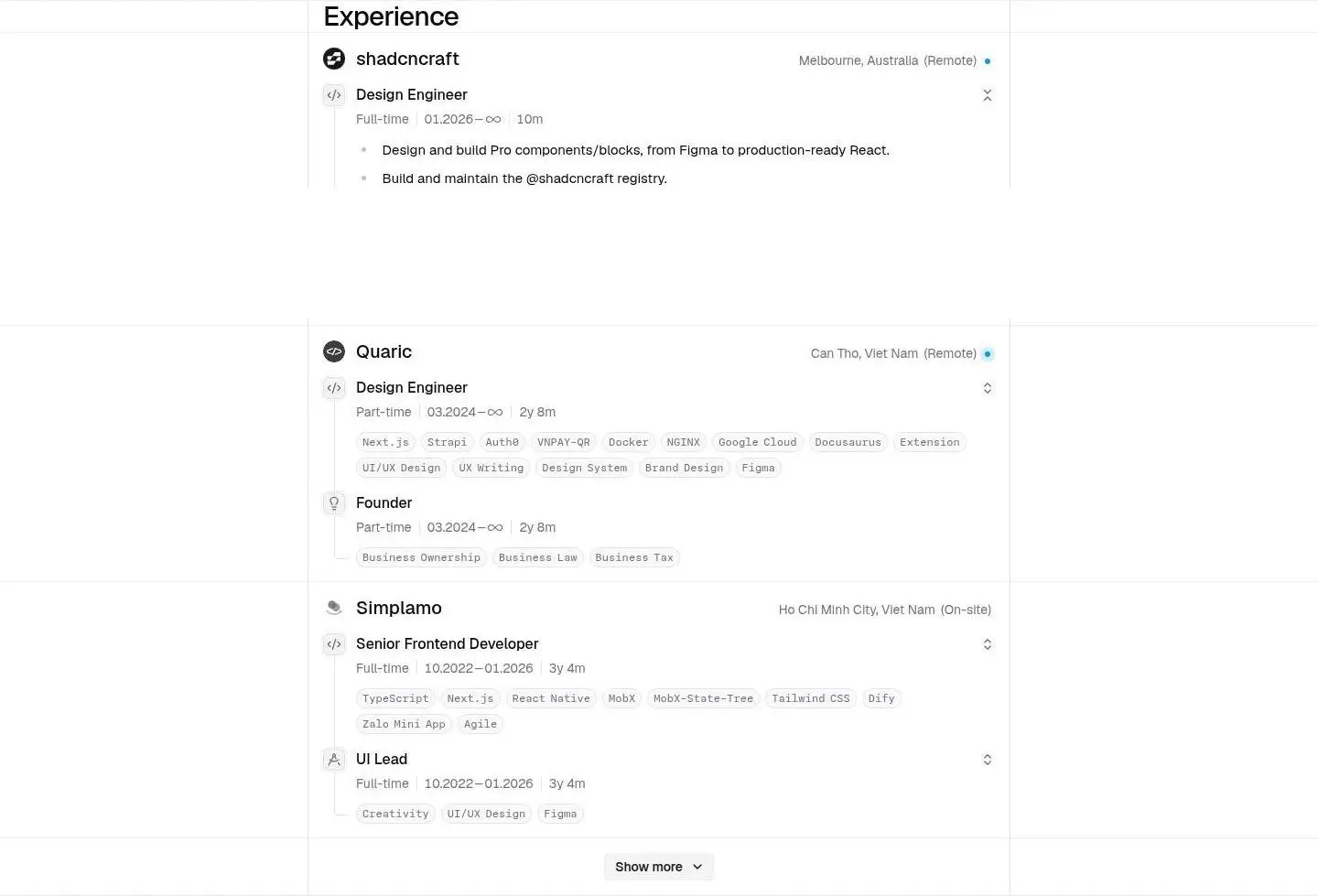 experience, as the page shows it