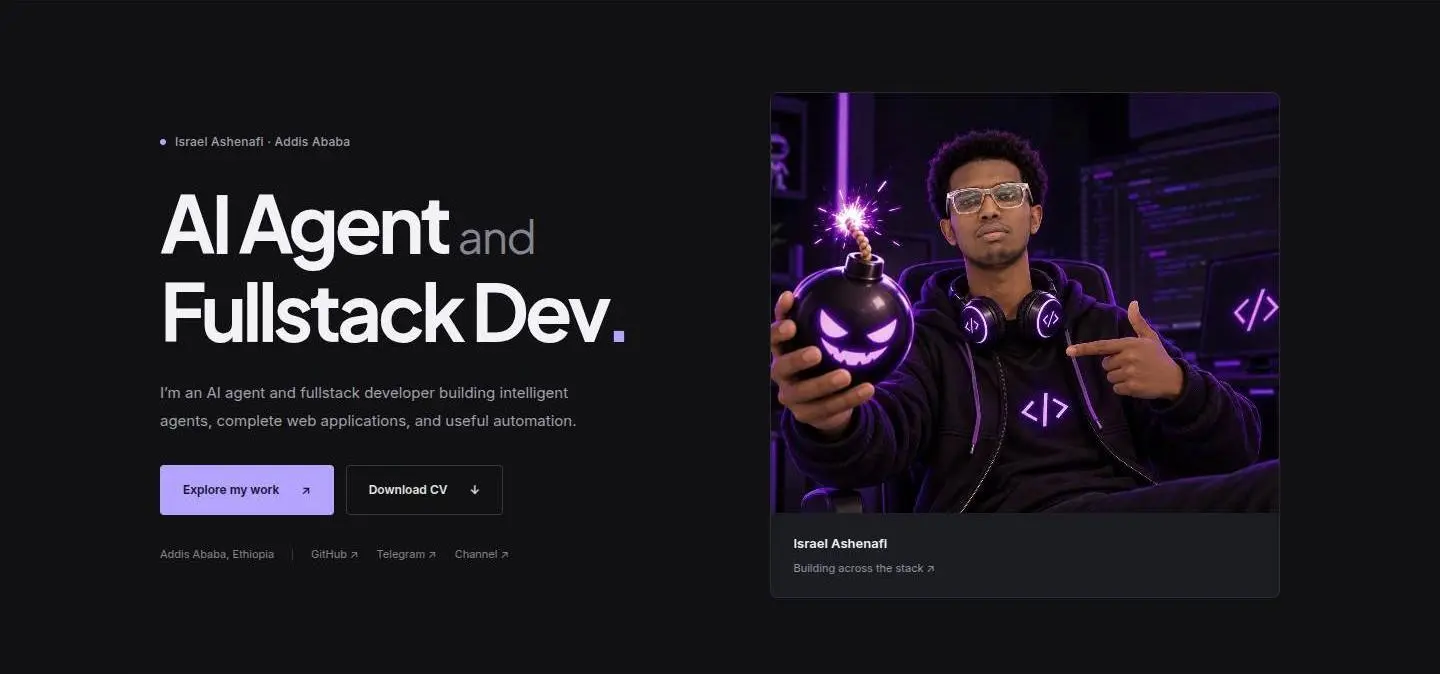 israelashenafi.com: hero, as the page shows it