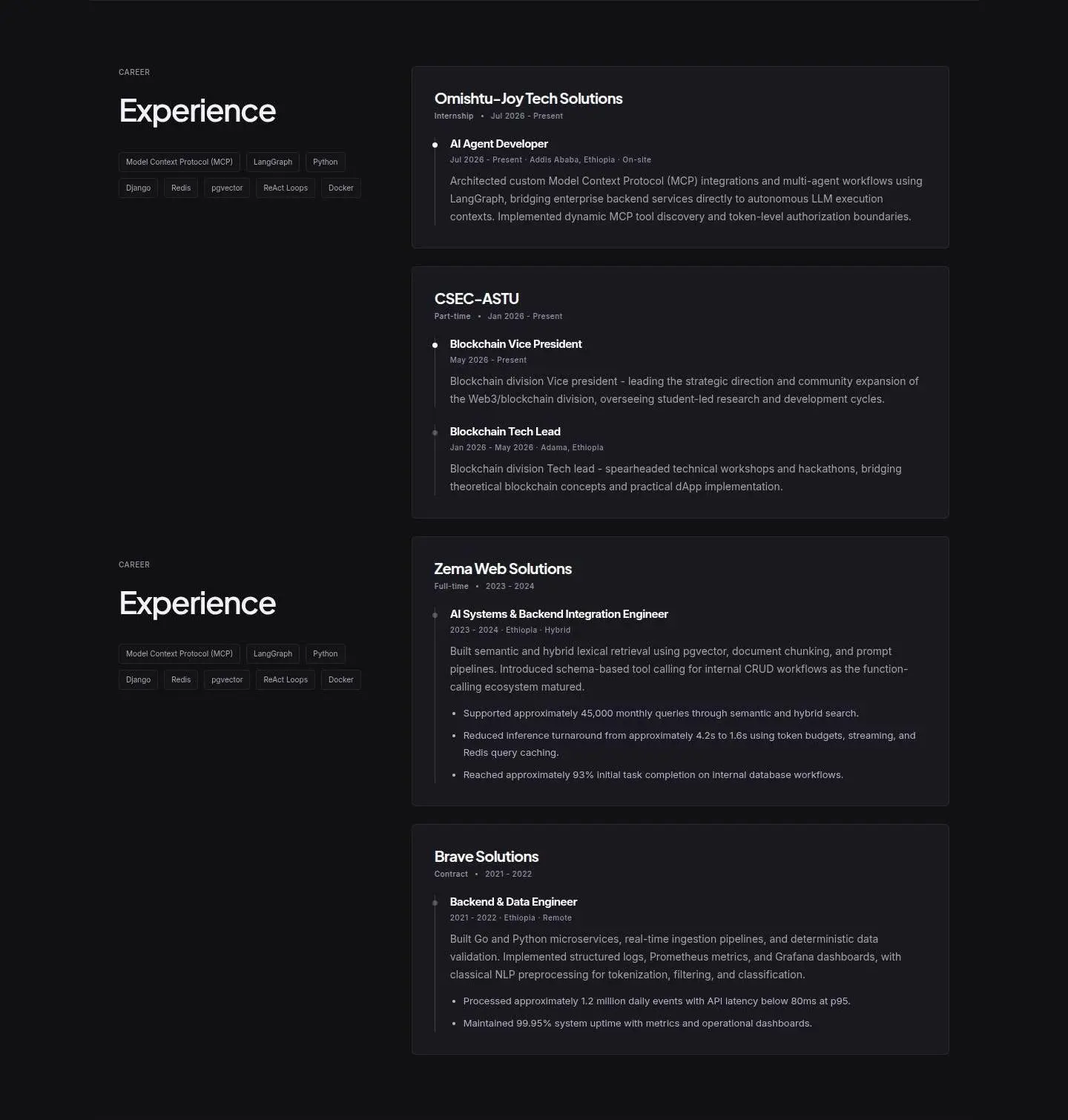 experience, as the page shows it